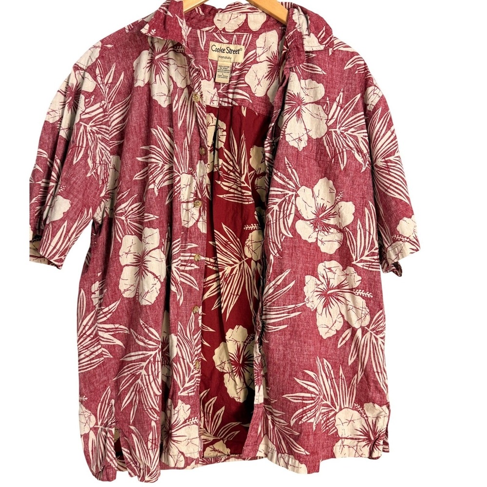 Cooke‎ Street Honolulu Mens Large Red Hibiscus Floral Reverse Print Aloha Shirt